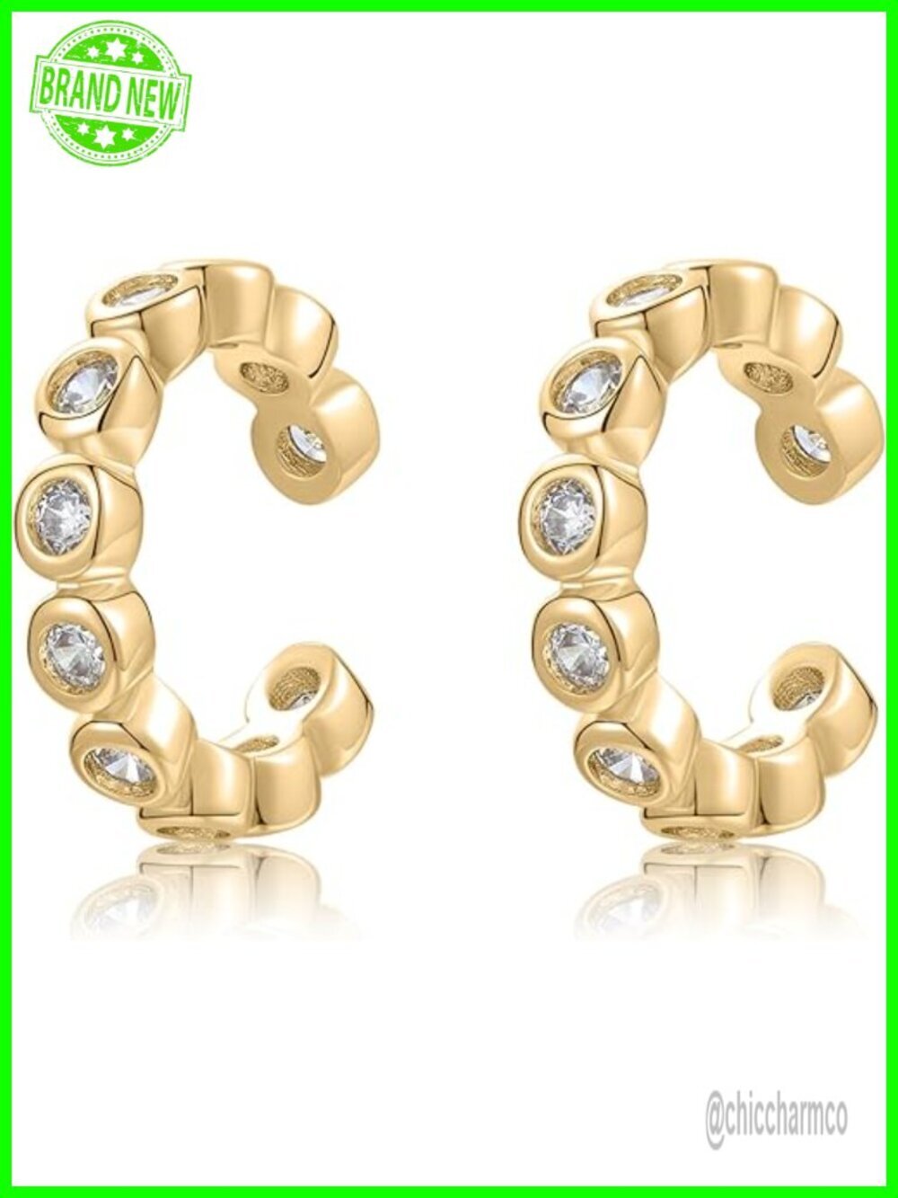 18K Gold Plated Cubic Zirconia Clip On Ear Cuff Huggie Hoop Earrings